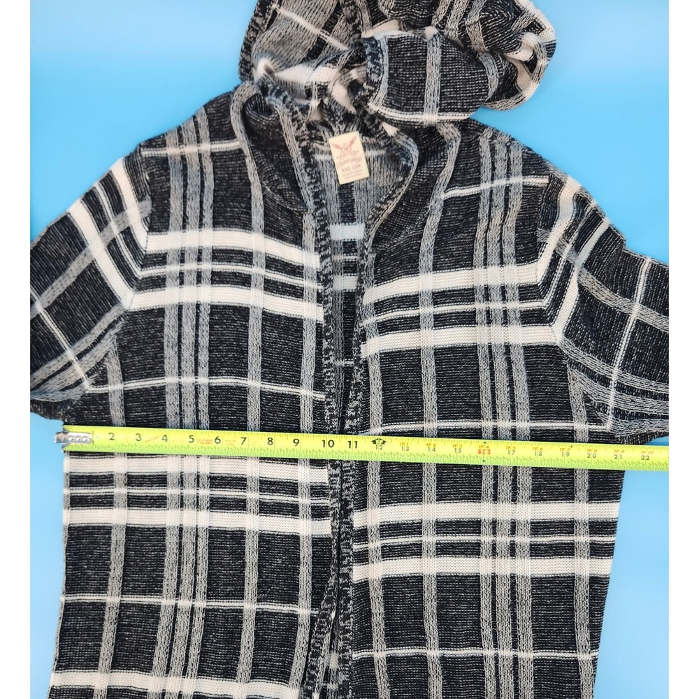 Retro 90s Womens XXL Black White Plaid Hooded Longline Fringe Cardigan Sweater - Picture 5 of 5